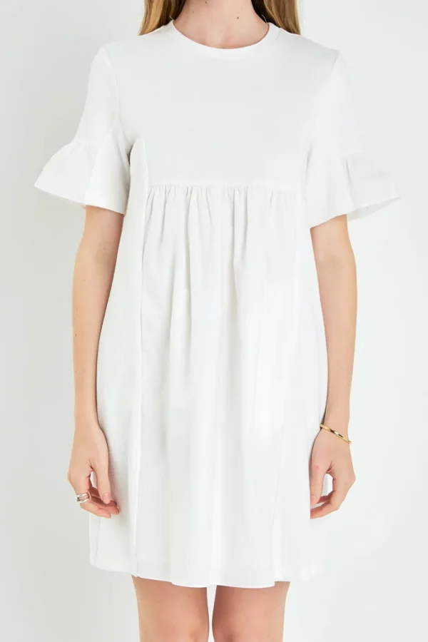ENGLISH FACTORY Tops*- Mixed Media Ruffled Short-Sleeve Mini Dress