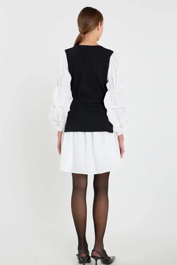 ENGLISH FACTORY Tops*- Mixed Media Poplin Mini Dress BLACK/WHITE