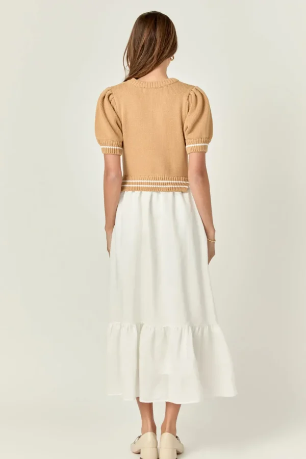 ENGLISH FACTORY Tops*- Mixed Media Puff Sleeve Midi Dress TAN/WHITE