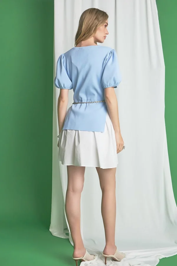 ENGLISH FACTORY Tops*- Mixed Media Knit Mini Dress POWDERBLUE/WHITE