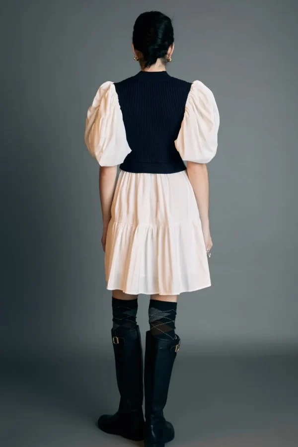 ENGLISH FACTORY Tops*- Mixed Media Puff Short Sleeve Mini Dress NAVY