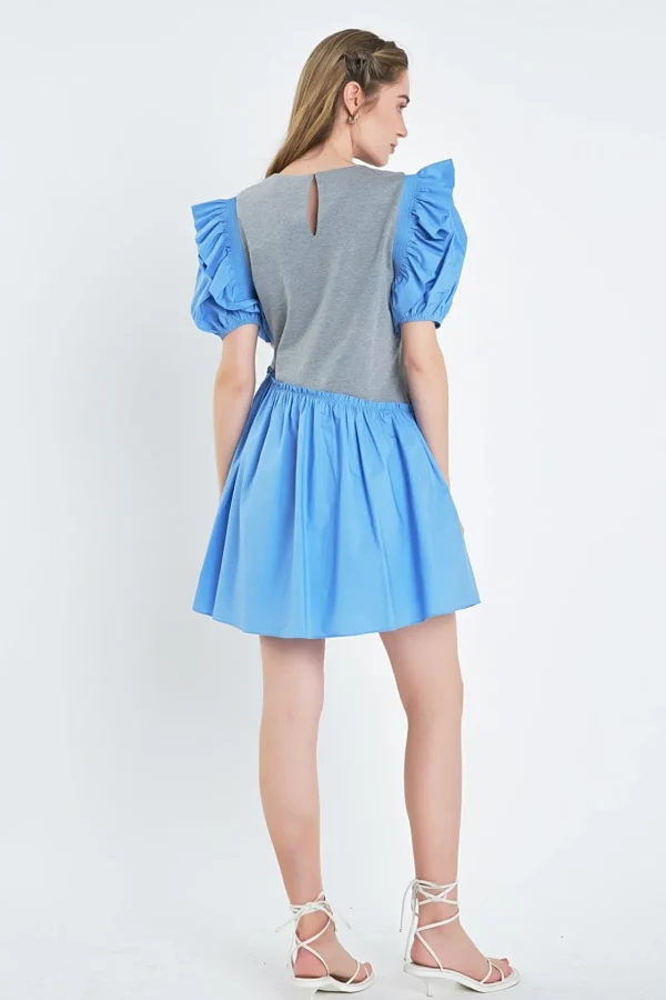 ENGLISH FACTORY Tops*- Mixed Media Ruffle Puff Sleeve Mini Dress GREY/BLUE
