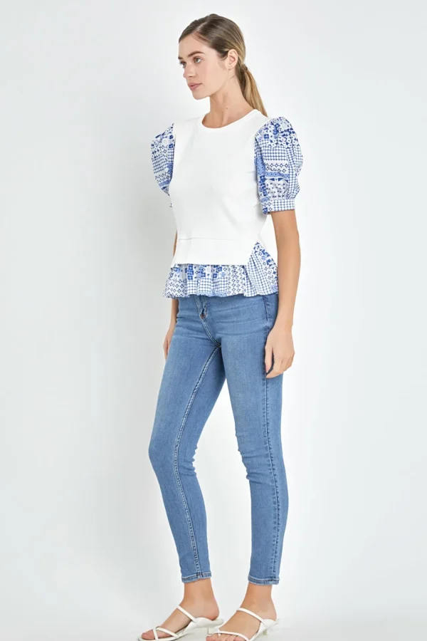 ENGLISH FACTORY Tops*- Mixed Media Floral Sleeve Knit Top WHITE/BLUE