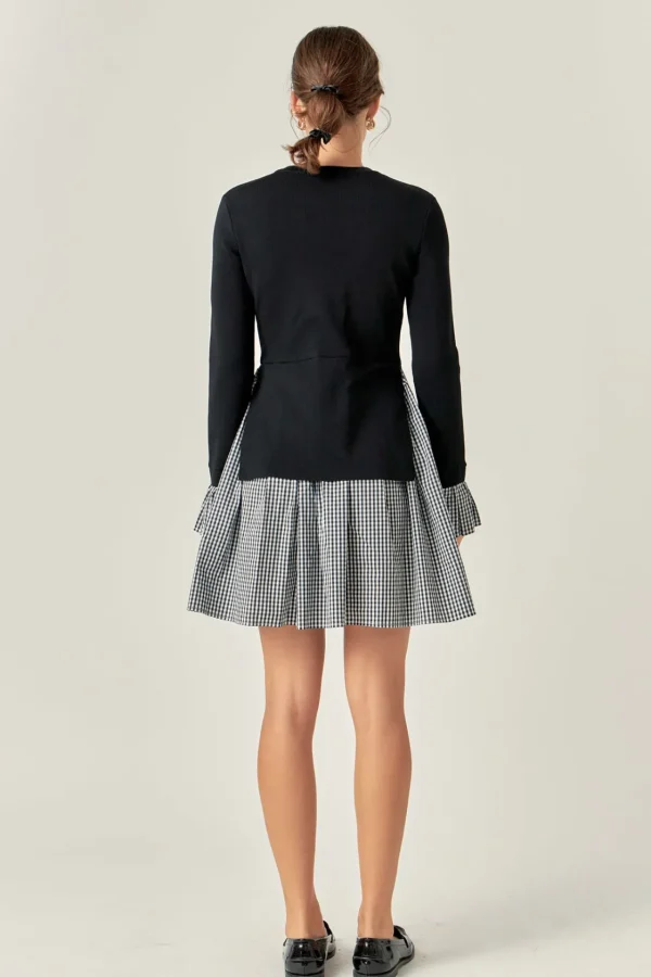 ENGLISH FACTORY Tops*- Mixed Media Gingham Check Mini Dress BLACK