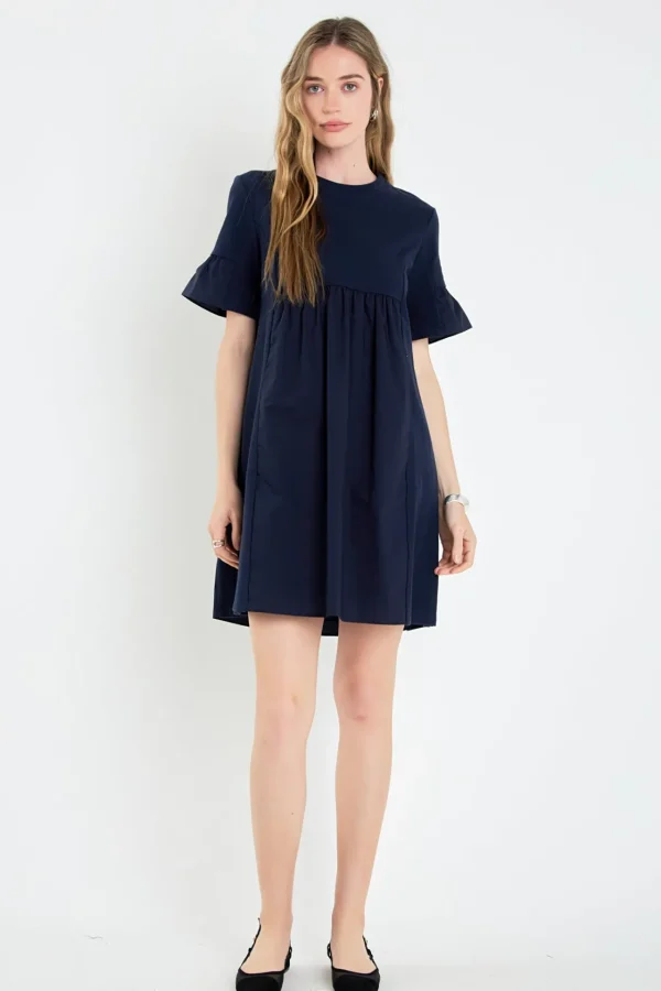 ENGLISH FACTORY Tops*- Mixed Media Ruffled Short-Sleeve Mini Dress