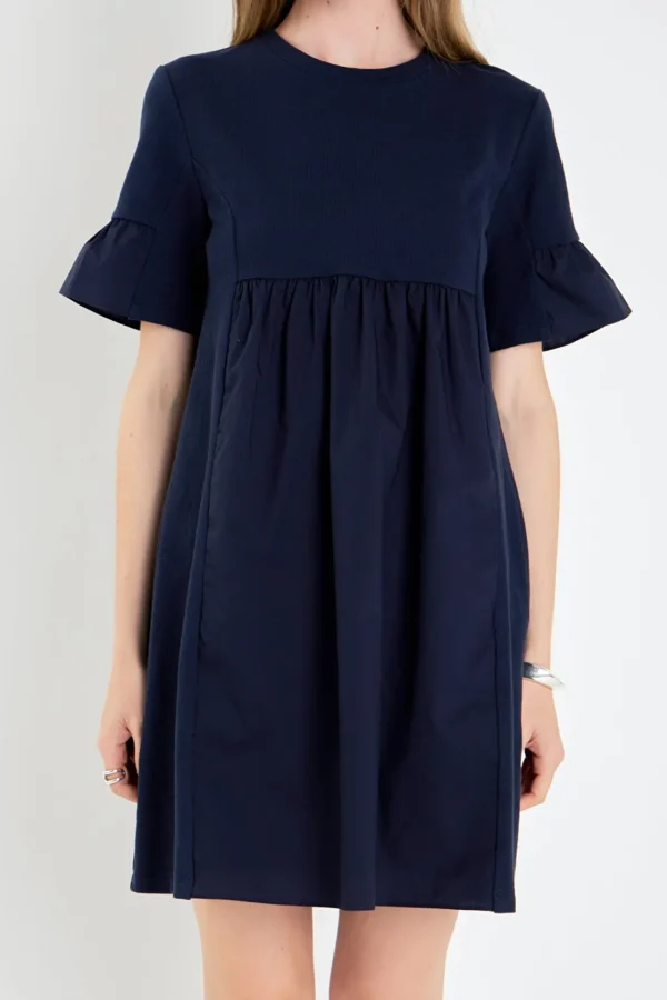 ENGLISH FACTORY Tops*- Mixed Media Ruffled Short-Sleeve Mini Dress