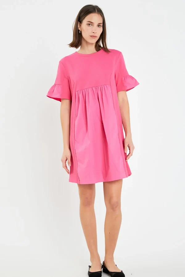 ENGLISH FACTORY Tops*- Mixed Media Ruffled Short-Sleeve Mini Dress