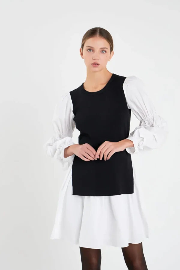 ENGLISH FACTORY Tops*- Mixed Media Poplin Mini Dress BLACK/WHITE