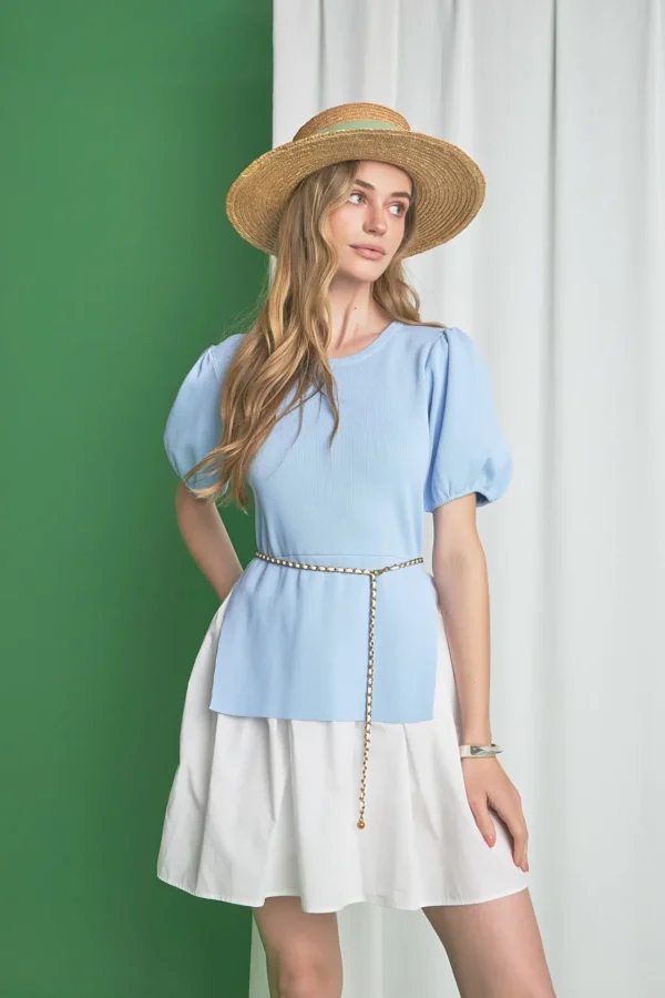 ENGLISH FACTORY Tops*- Mixed Media Knit Mini Dress POWDERBLUE/WHITE