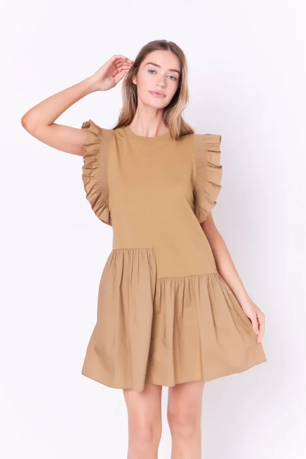 ENGLISH FACTORY Tops*- Mixed Media Ruffled Detail Mini Dress