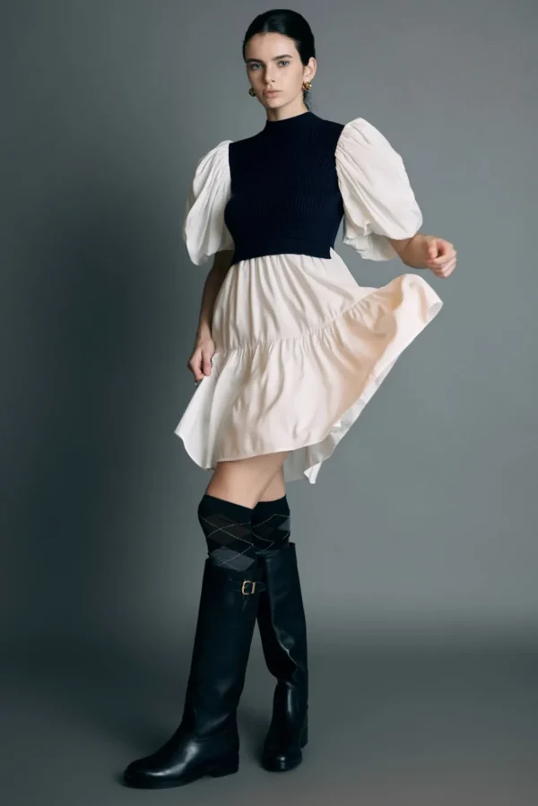 ENGLISH FACTORY Tops*- Mixed Media Puff Short Sleeve Mini Dress NAVY