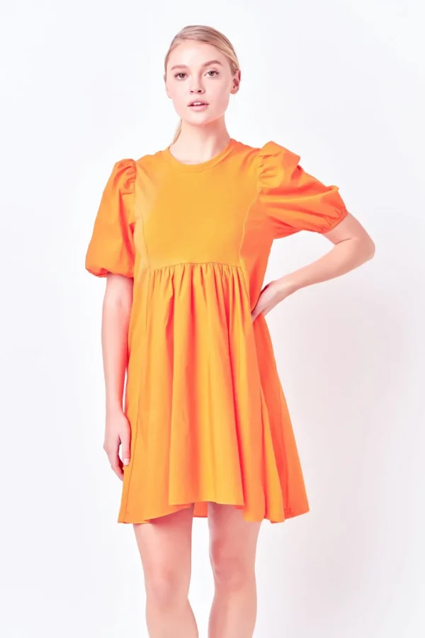 ENGLISH FACTORY Tops*- Mixed Media Babydoll Mini Dress ORANGE