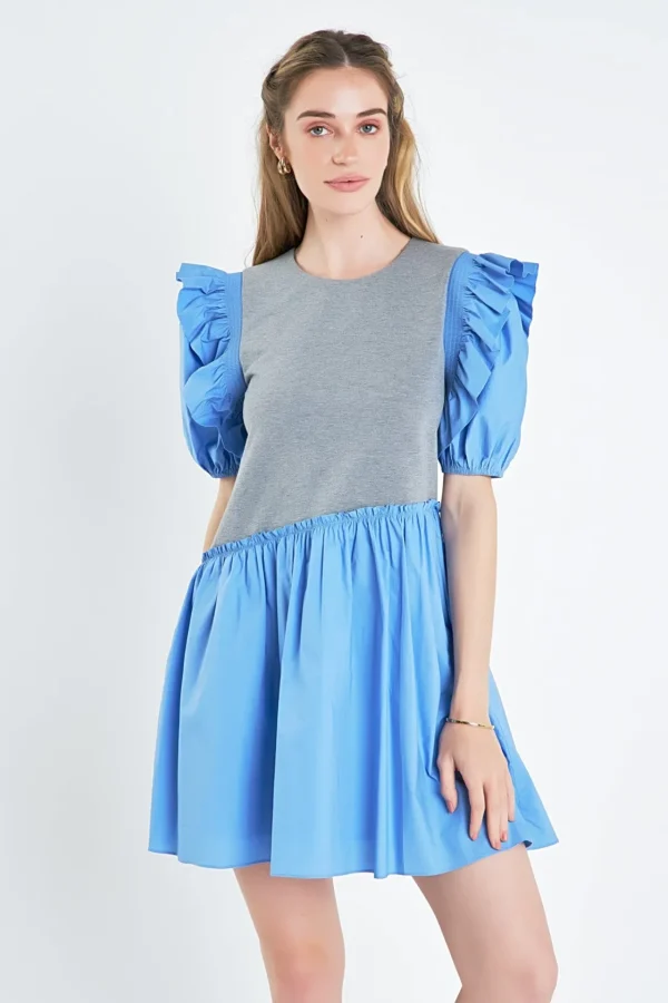 ENGLISH FACTORY Tops*- Mixed Media Ruffle Puff Sleeve Mini Dress GREY/BLUE