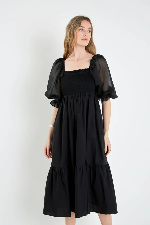 ENGLISH FACTORY Tops*- Mixed Media Square Neck Maxi Dress BLACK