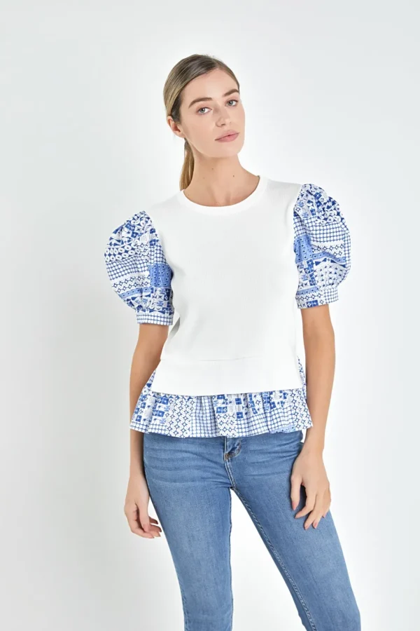 ENGLISH FACTORY Tops*- Mixed Media Floral Sleeve Knit Top WHITE/BLUE