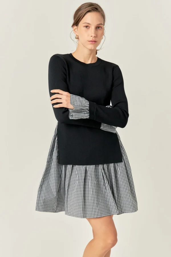 ENGLISH FACTORY Tops*- Mixed Media Gingham Check Mini Dress BLACK