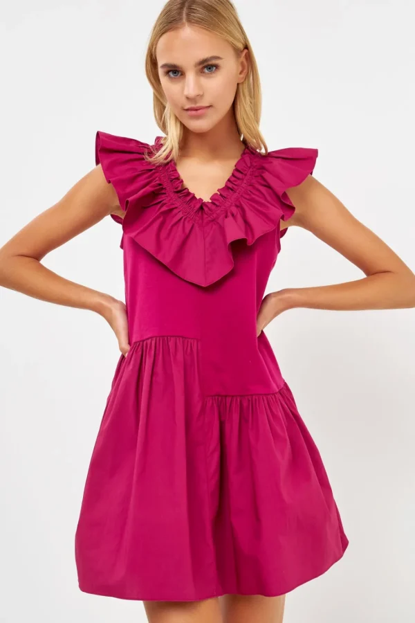 ENGLISH FACTORY Tops*- Mixed Media Ruffle Detail Knit Dress PLUM