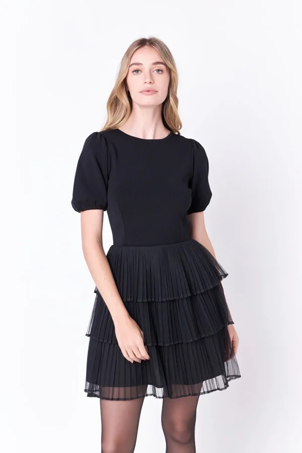 ENGLISH FACTORY Tops*- Mixed Media Mini Dress BLACK
