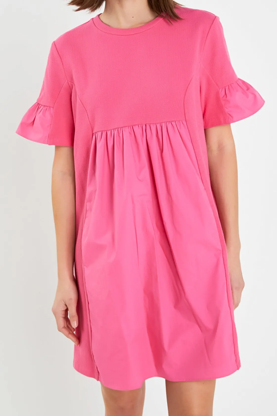 english_factory__mixed_me_30.webp ENGLISH FACTORY Tops*- Mixed Media Ruffled Short-Sleeve Mini Dress