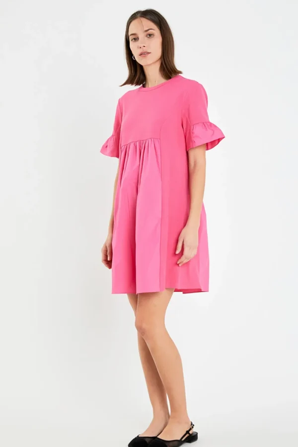 ENGLISH FACTORY Tops*- Mixed Media Ruffled Short-Sleeve Mini Dress