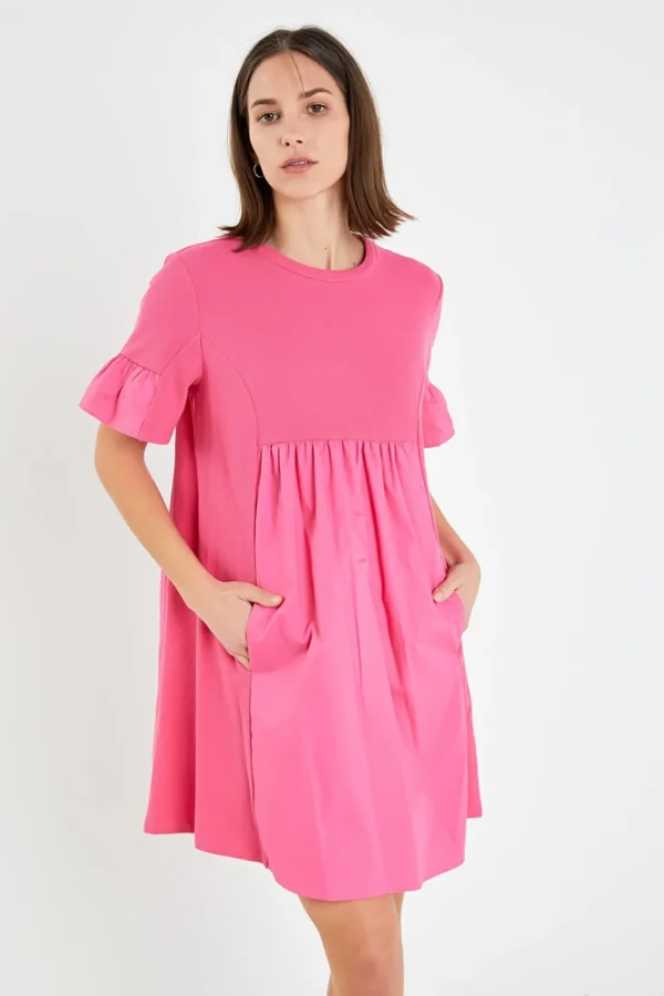 ENGLISH FACTORY Tops*- Mixed Media Ruffled Short-Sleeve Mini Dress