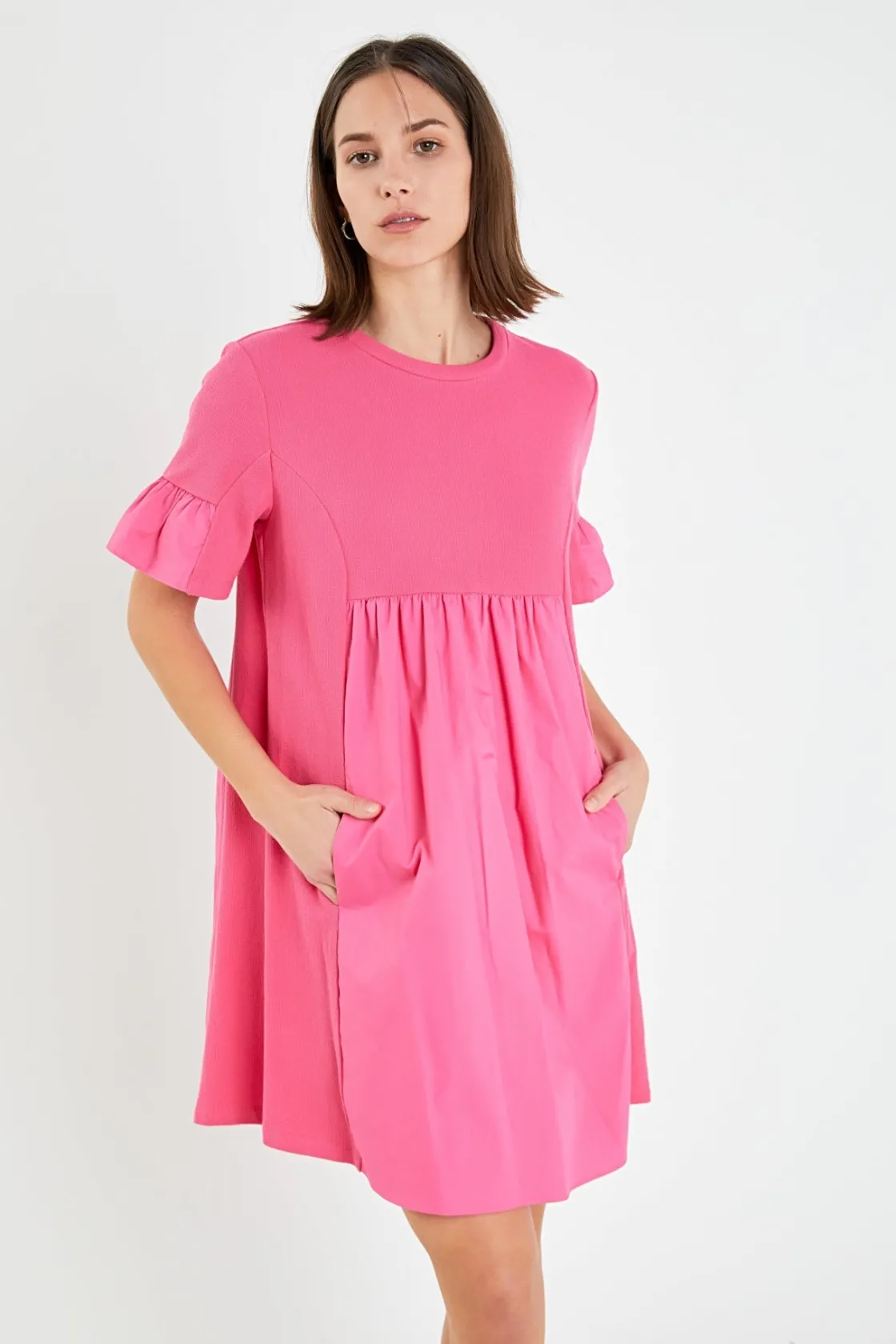 english_factory__mixed_me_33.webp ENGLISH FACTORY Tops*- Mixed Media Ruffled Short-Sleeve Mini Dress