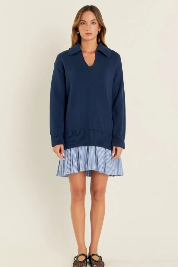 ENGLISH FACTORY Tops*- Mixed Media Pleated Stripe Mini Dress
