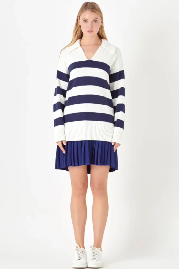 ENGLISH FACTORY Tops*- Mixed Media Stripe Pleated Mini Dress