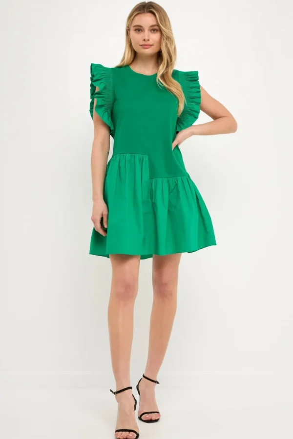 ENGLISH FACTORY Tops*- Mixed Media Ruffled Detail Mini Dress