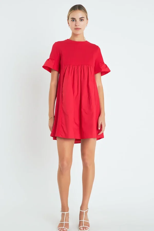 ENGLISH FACTORY Tops*- Mixed Media Ruffled Short-Sleeve Mini Dress