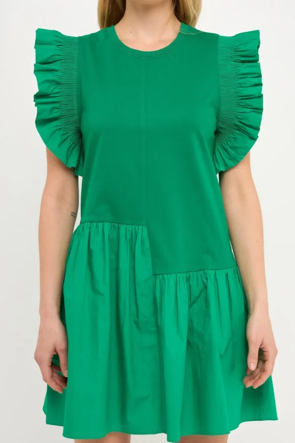 ENGLISH FACTORY Tops*- Mixed Media Ruffled Detail Mini Dress