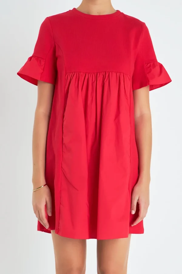 ENGLISH FACTORY Tops*- Mixed Media Ruffled Short-Sleeve Mini Dress