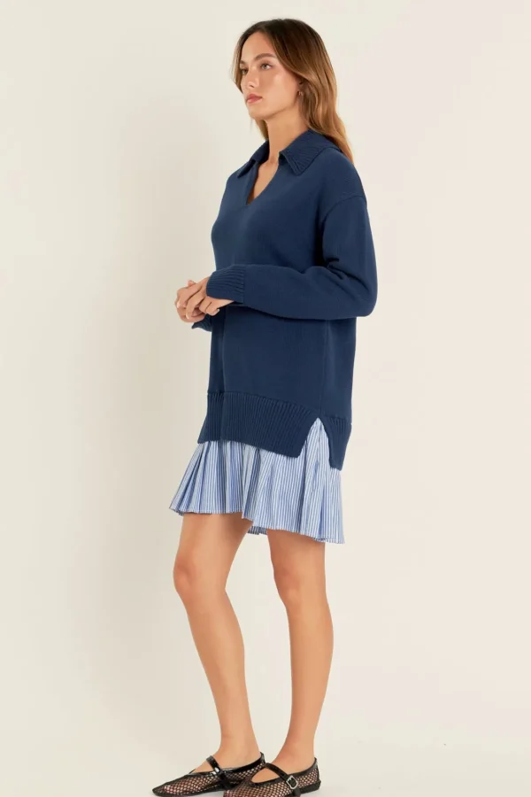 ENGLISH FACTORY Tops*- Mixed Media Pleated Stripe Mini Dress
