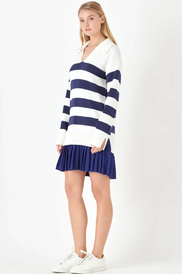 ENGLISH FACTORY Tops*- Mixed Media Stripe Pleated Mini Dress