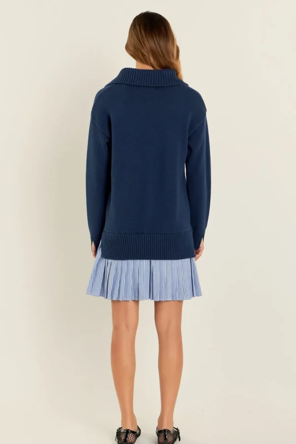ENGLISH FACTORY Tops*- Mixed Media Pleated Stripe Mini Dress