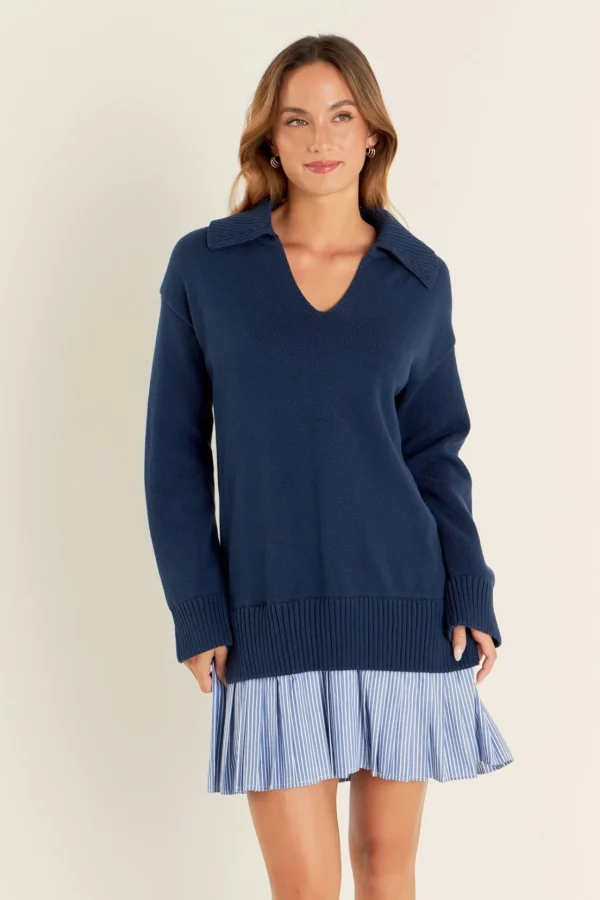 ENGLISH FACTORY Tops*- Mixed Media Pleated Stripe Mini Dress