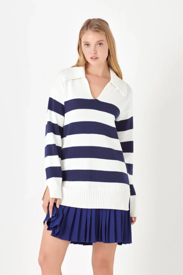 ENGLISH FACTORY Tops*- Mixed Media Stripe Pleated Mini Dress