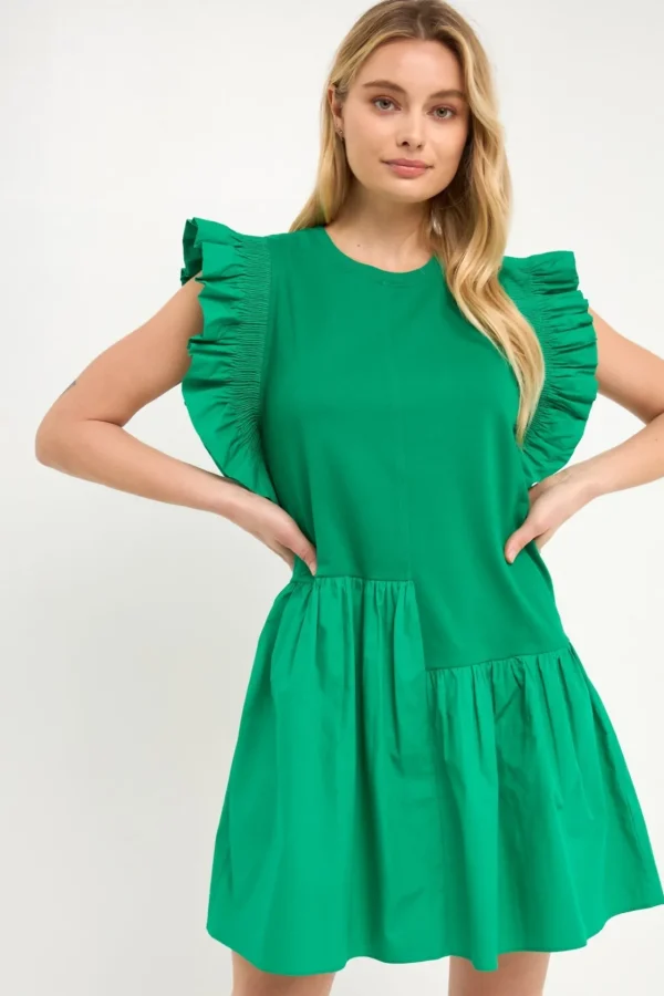 ENGLISH FACTORY Tops*- Mixed Media Ruffled Detail Mini Dress