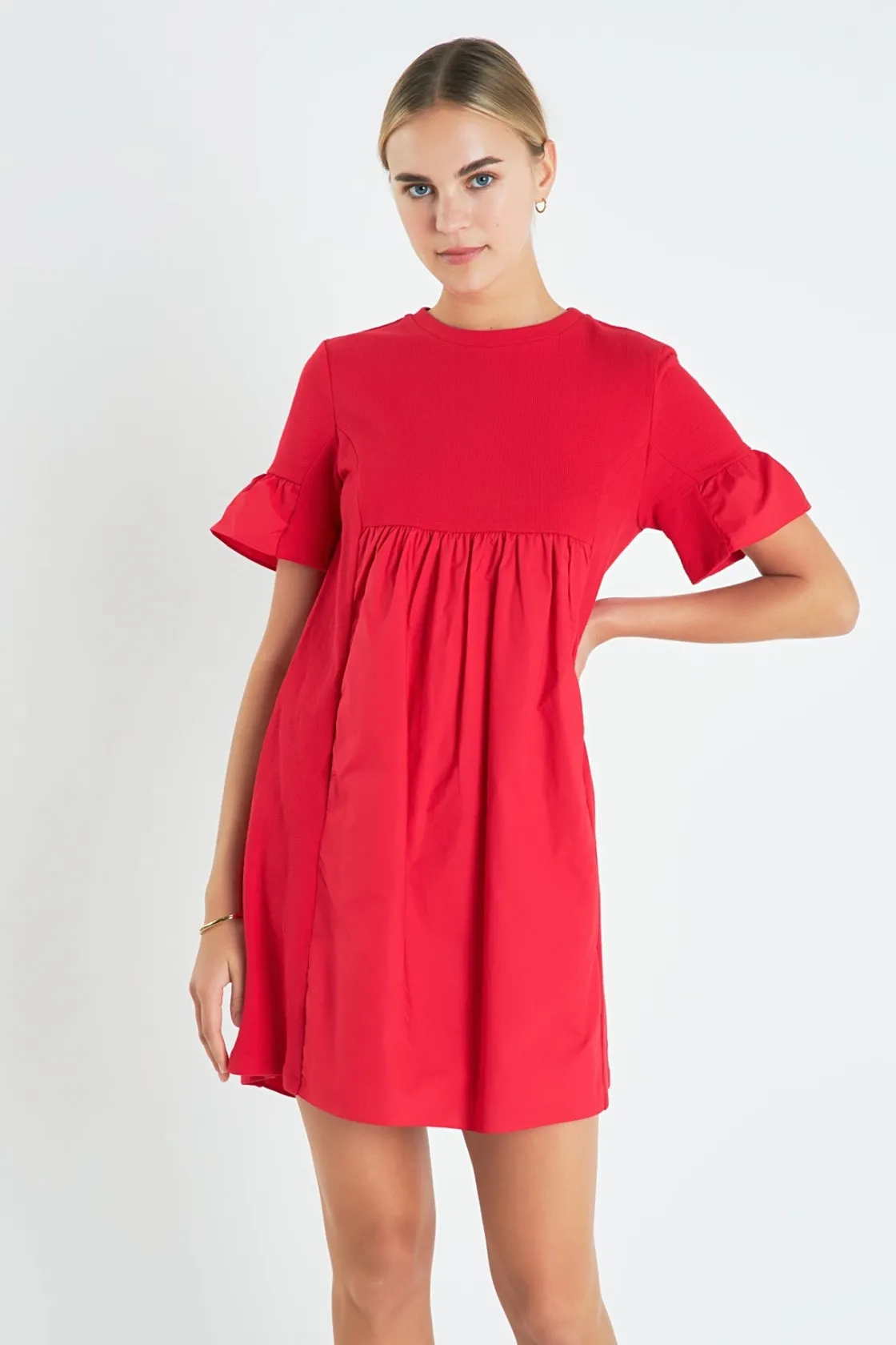 english_factory__mixed_me_8-6.webp ENGLISH FACTORY Tops*- Mixed Media Ruffled Short-Sleeve Mini Dress