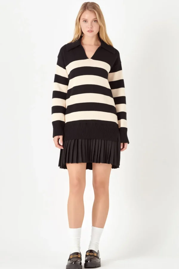 ENGLISH FACTORY Tops*- Mixed Media Stripe Pleated Mini Dress