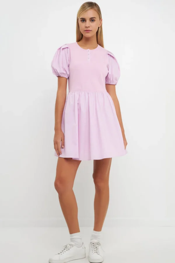 ENGLISH FACTORY Tops*- Mixed Media Henley Mini Dress