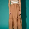 ENGLISH FACTORY Tops*- Mock Neck Sleeveless Mix Media Dress CAMEL/WHITE
