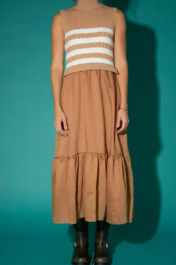 ENGLISH FACTORY Tops*- Mock Neck Sleeveless Mix Media Dress CAMEL/WHITE
