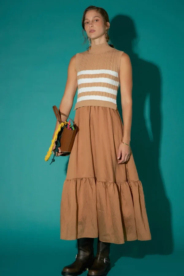ENGLISH FACTORY Tops*- Mock Neck Sleeveless Mix Media Dress CAMEL/WHITE