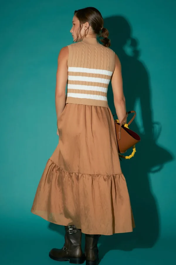 ENGLISH FACTORY Tops*- Mock Neck Sleeveless Mix Media Dress CAMEL/WHITE
