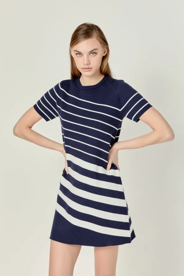 ENGLISH FACTORY Tops*- Multi Stripe Mini Dress NAVY/CREAM
