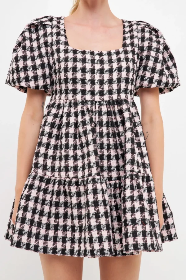 ENGLISH FACTORY Tops*- Multi Tweed Puff Sleeve Mini BLACK/PINK