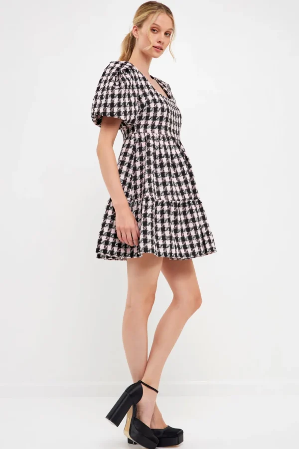 ENGLISH FACTORY Tops*- Multi Tweed Puff Sleeve Mini BLACK/PINK