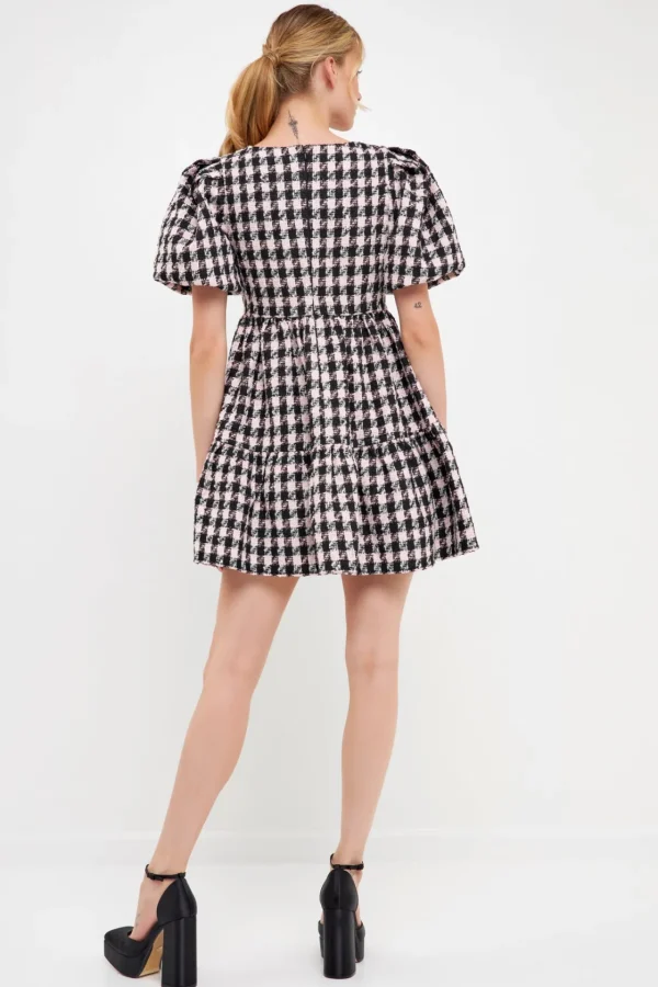 ENGLISH FACTORY Tops*- Multi Tweed Puff Sleeve Mini BLACK/PINK