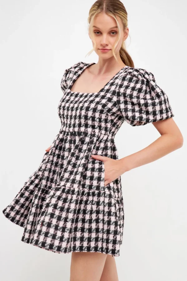 ENGLISH FACTORY Tops*- Multi Tweed Puff Sleeve Mini BLACK/PINK